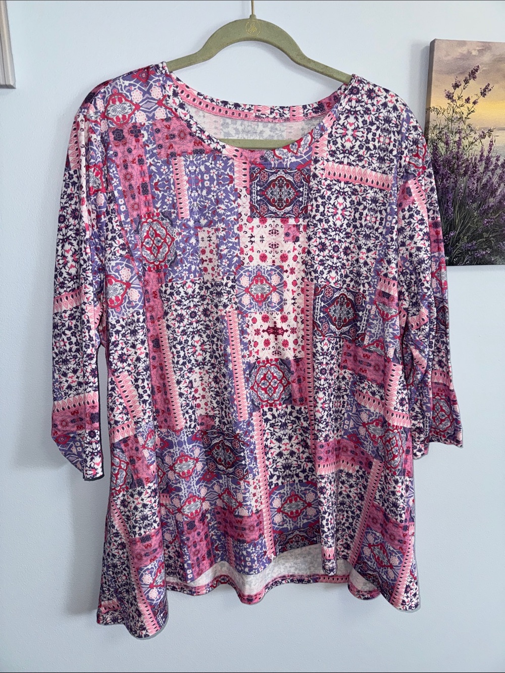 Patchwork Print Long Sleeve Tunic Top - Pink